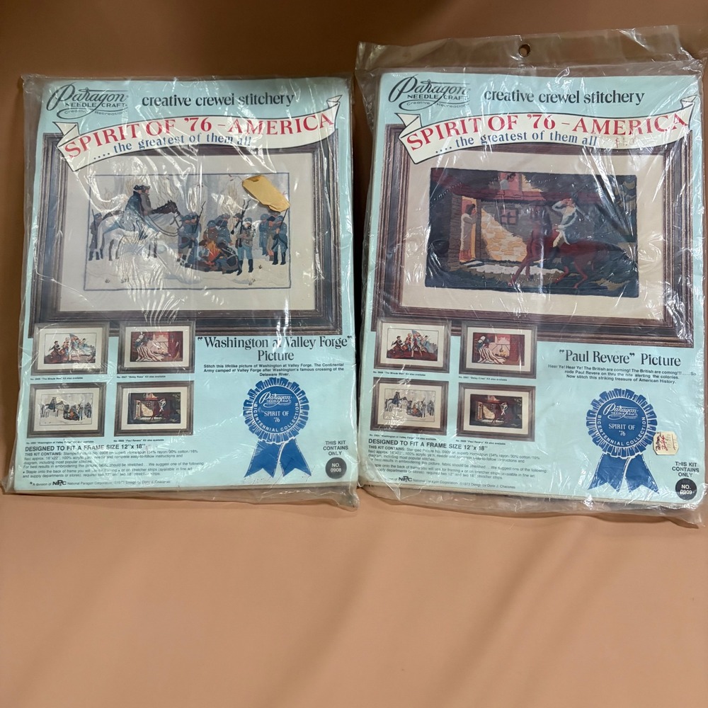 X2 Vtg Paragon Crewel Kits Spirit of 76 Washington & Paul‎ Revere Set 0908 0909